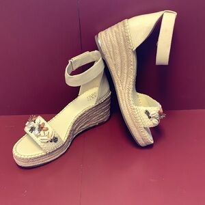 Franco Sarto Cream Espadrille Wedges with Beaded Details
